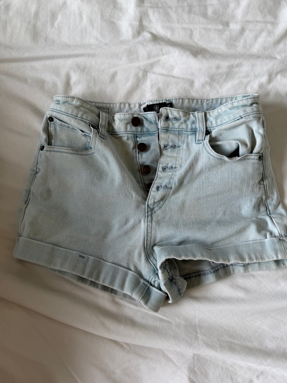 Volcom Light Blue High-Rise Button-Fly Denim Shorts